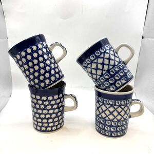 4 Polish Pottery Boleslawiec Coffee Tea cups mugs Poland Blue eyes dots in dots